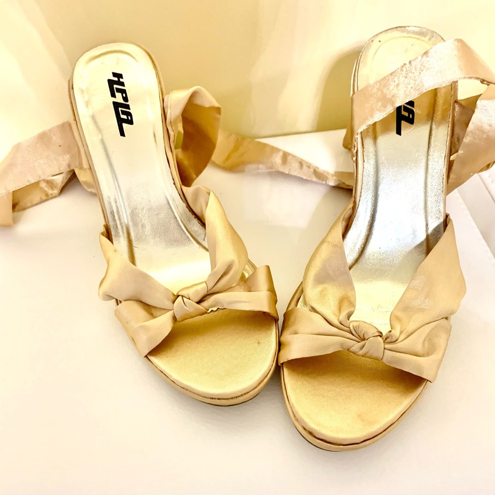 Knot Front Satin Wedge Sandals in Champagne Gold